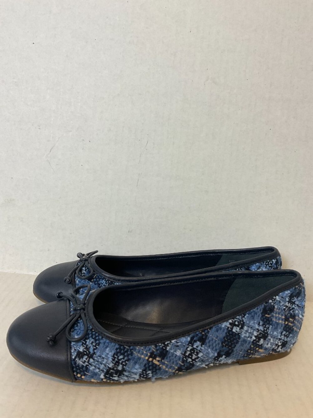 Talbots Ballet Flats 8.5M Blue Boucle Plaid Cap Toe Bow